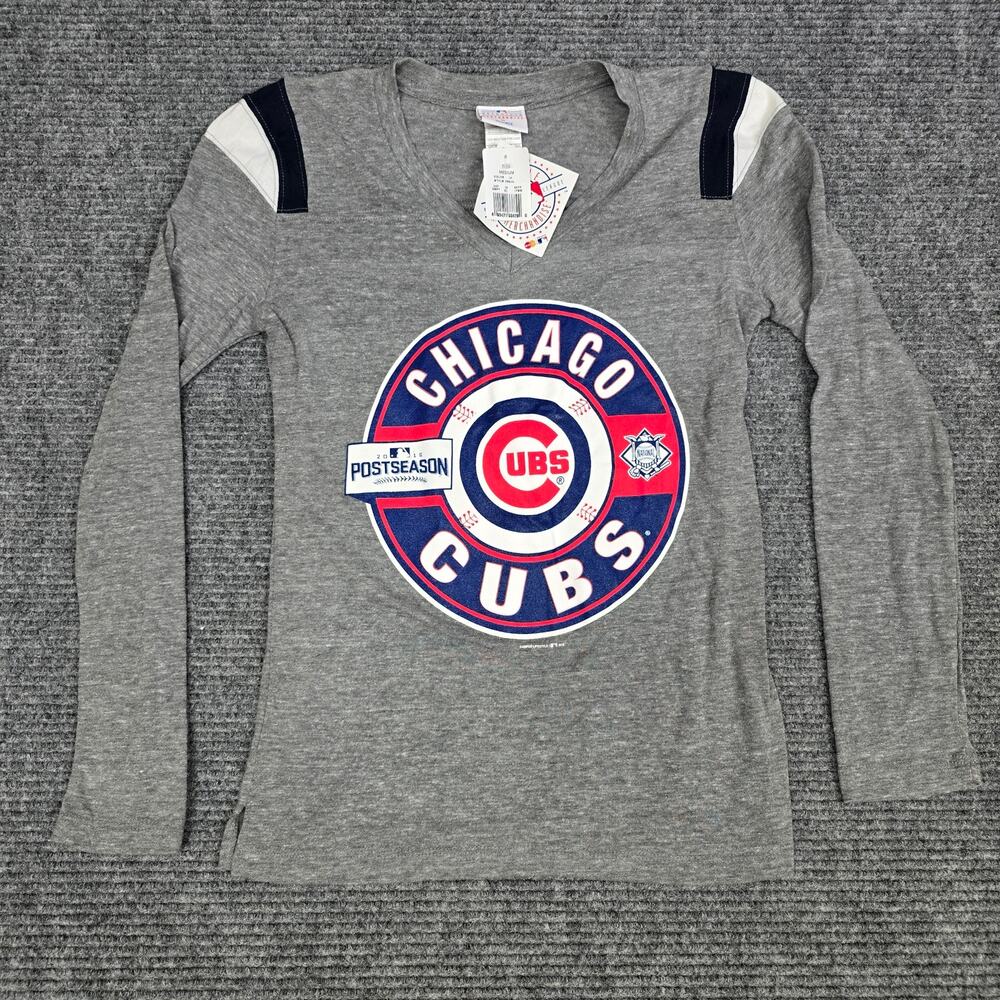 NWT Chicago Cubs 2016 Postseason Long Sleeve V-Neck Shirt Women's M Gray MLB